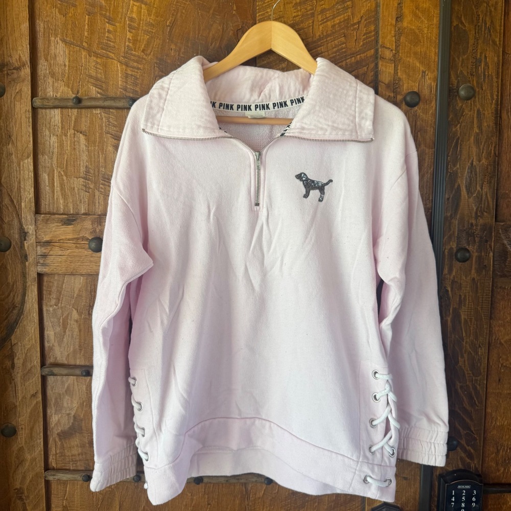 PINK Sequins Victoria's Secret Quarter Zip Womens S Pink Lace Up Dog Pullover